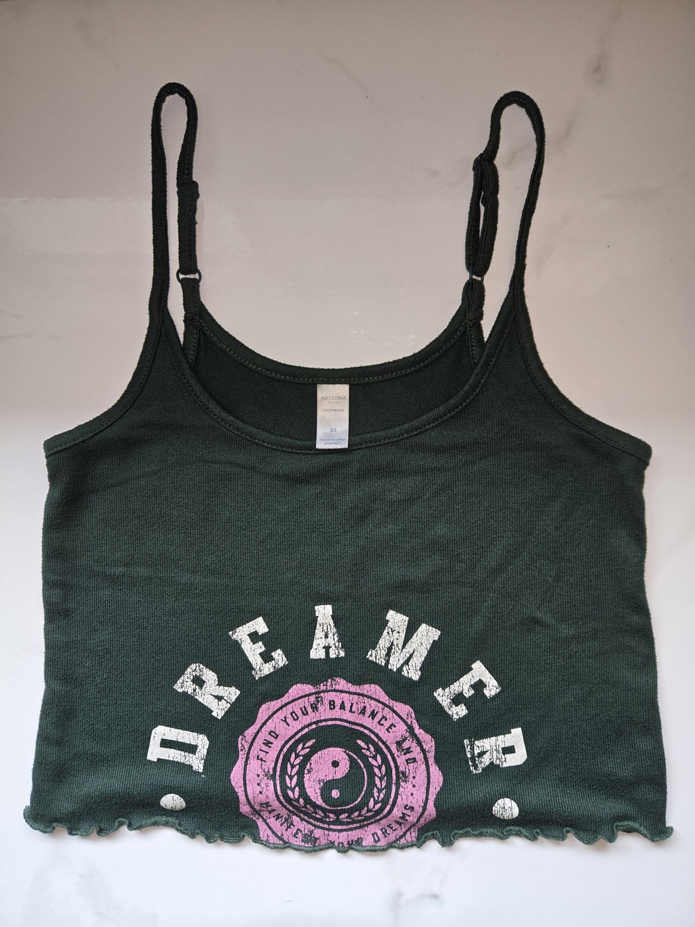 Arizona Jean Company Dark Green Cropped 'Dreamer' Graphic Tank with Pink Accent